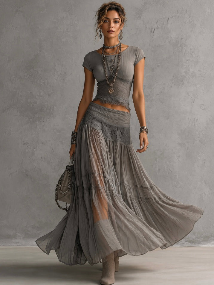Women's Lace Trim Cropped Top & Pleated Maxi Skirt Set | Vivian