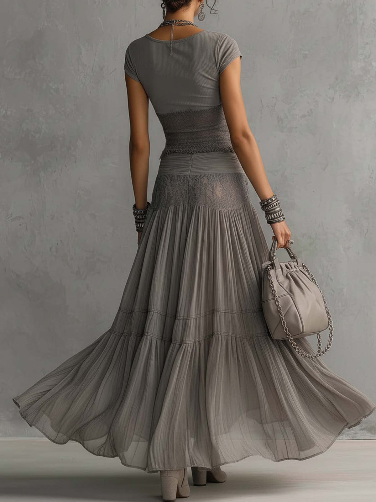 Women's Lace Trim Cropped Top & Pleated Maxi Skirt Set | Vivian