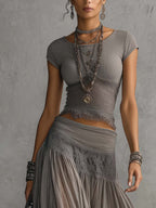 Women's Lace Trim Cropped Top & Pleated Maxi Skirt Set | Vivian