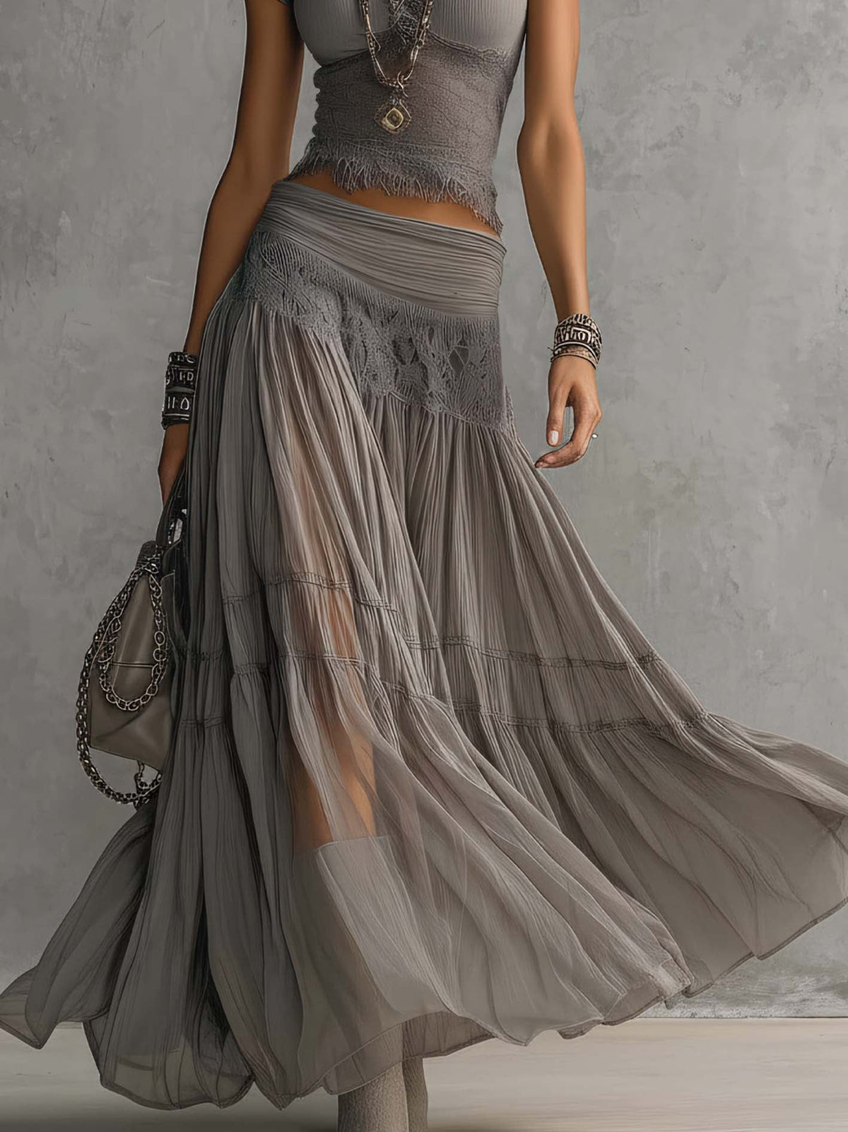 Women's Lace Trim Cropped Top & Pleated Maxi Skirt Set | Vivian