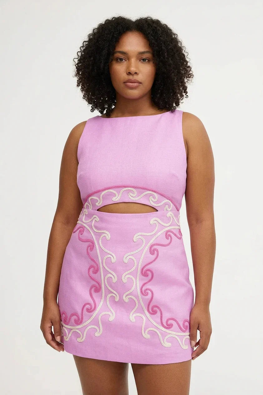 Women's Linen Blend Embroidered Cut-Out Mini Dress | Charlotte