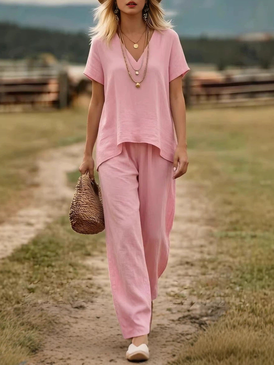 Women's Linen-Style Two Piece Set V-Neck Top & Wide Leg Pants | Madison