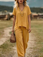 Women's Linen-Style Two Piece Set V-Neck Top & Wide Leg Pants | Madison