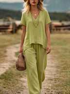 Women's Linen-Style Two Piece Set V-Neck Top & Wide Leg Pants | Madison