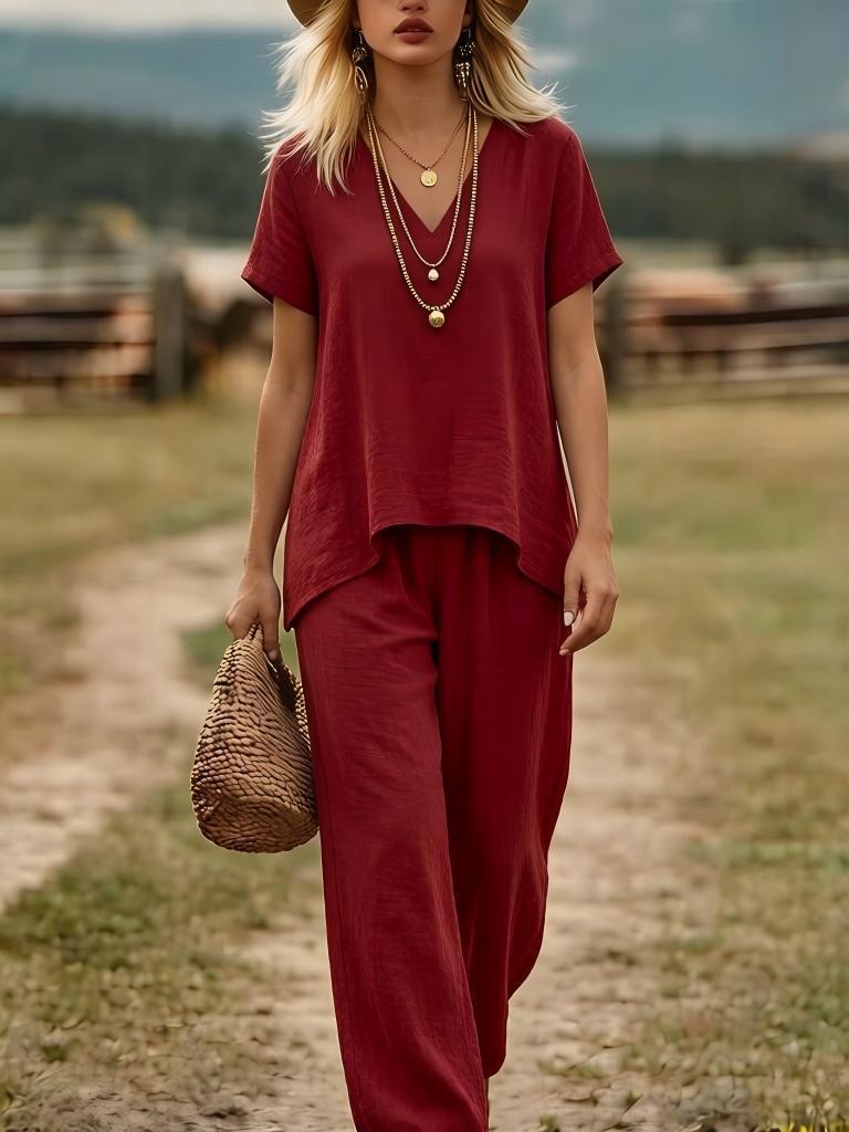 Women's Linen-Style Two Piece Set V-Neck Top & Wide Leg Pants | Madison