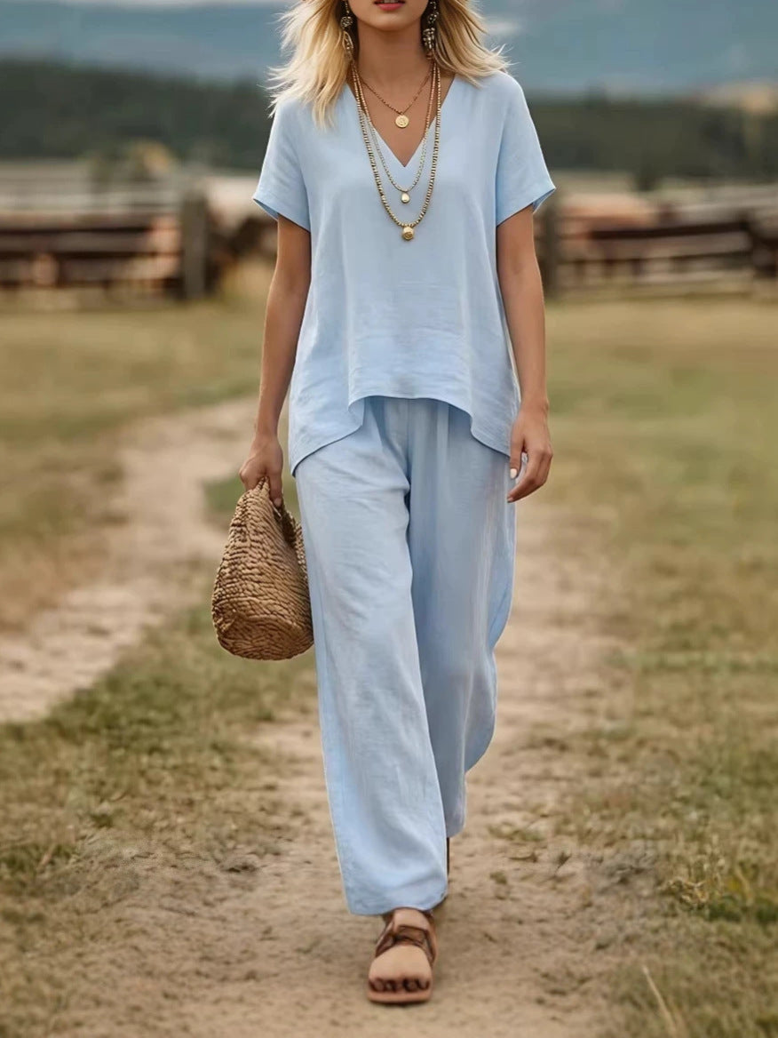 Women's Linen-Style Two Piece Set V-Neck Top & Wide Leg Pants | Madison
