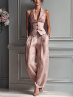 Women's Linen-Style Waistcoat & Wide Leg Trousers Set | Layla