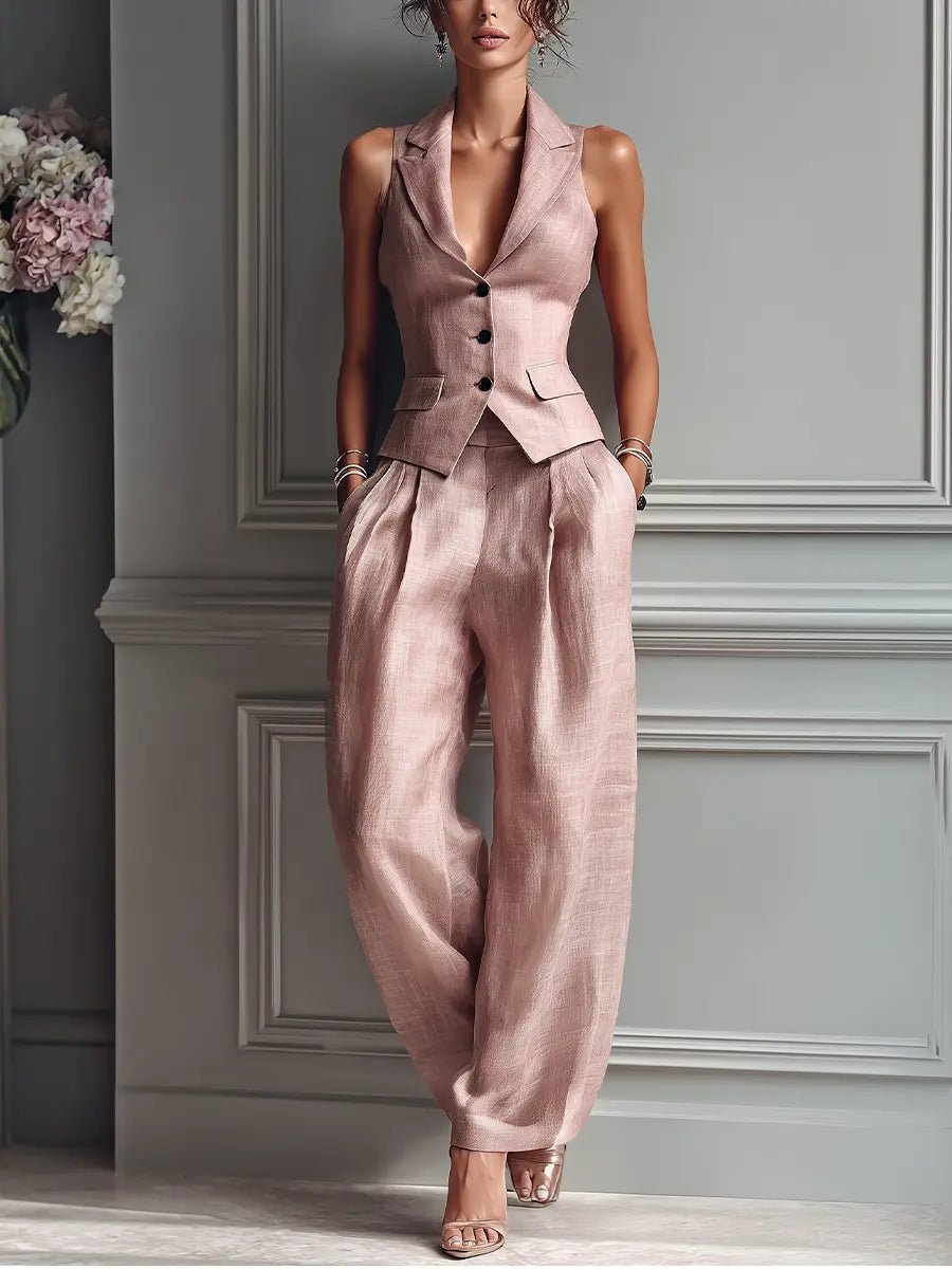 Women's Linen-Style Waistcoat & Wide Leg Trousers Set | Layla
