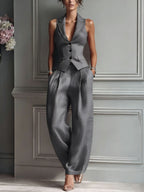 Women's Linen-Style Waistcoat & Wide Leg Trousers Set | Layla