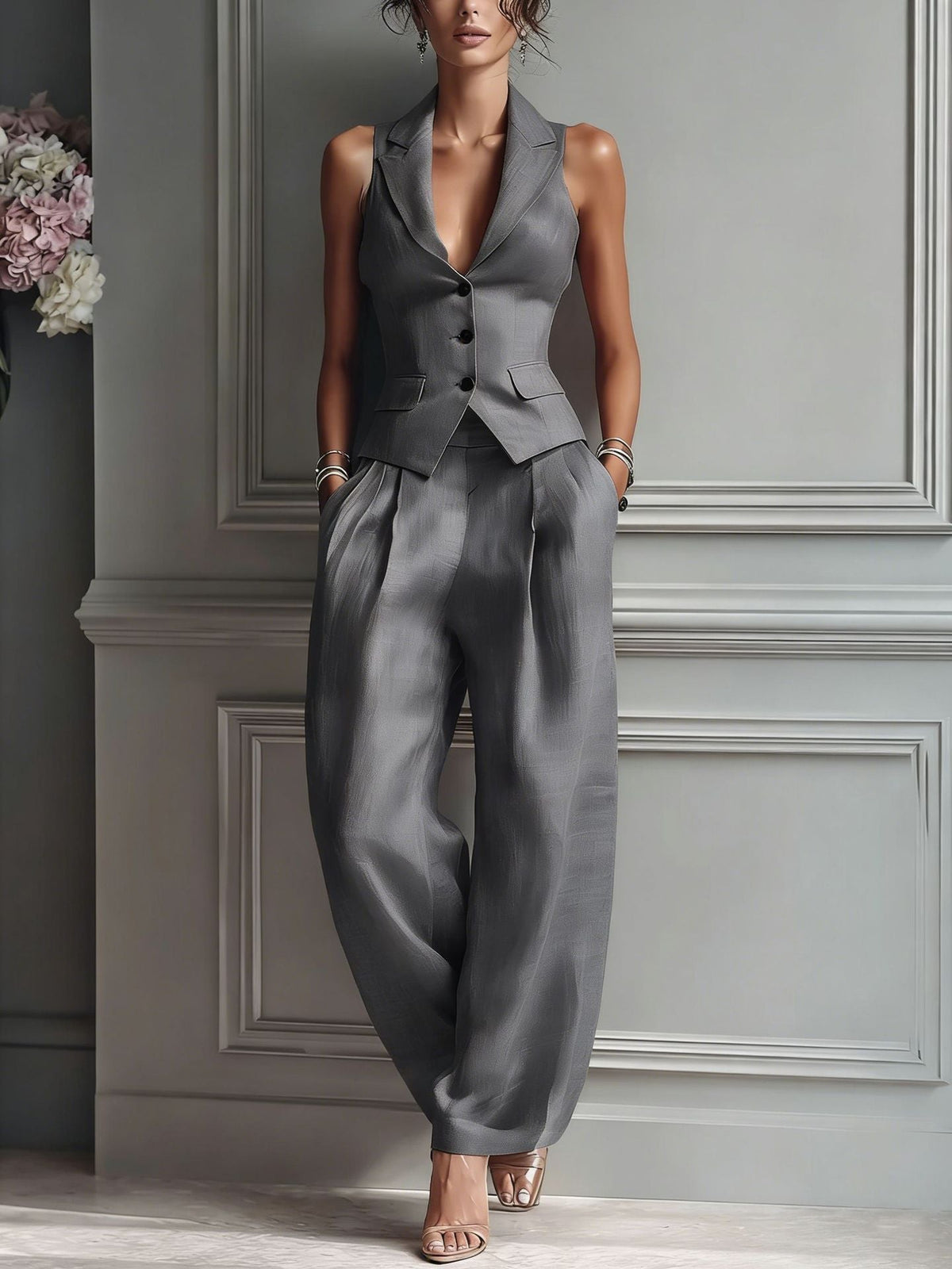 Women's Linen-Style Waistcoat & Wide Leg Trousers Set | Layla