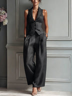 Women's Linen-Style Waistcoat & Wide Leg Trousers Set | Layla