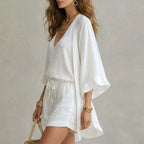 Women's Linen Three-Piece Set with Kimono Cardigan & Shorts | Vivian