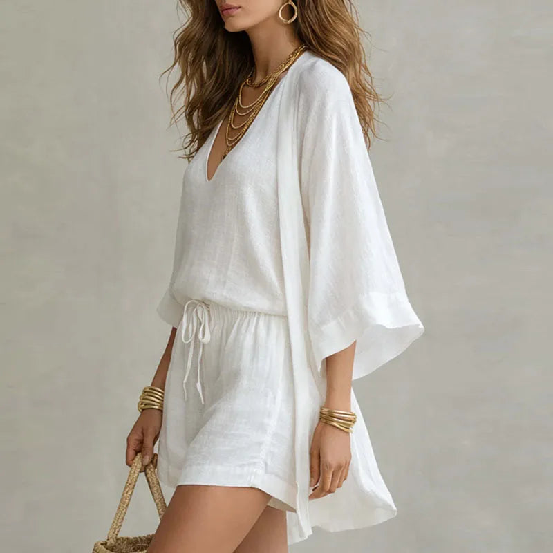 Women's Linen Three-Piece Set with Kimono Cardigan & Shorts | Vivian