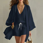 Women's Linen Three-Piece Set with Kimono Cardigan & Shorts | Vivian