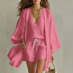 Women's Linen Three-Piece Set with Kimono Cardigan & Shorts | Vivian