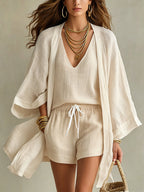 Women's Linen Three-Piece Set with Kimono Cardigan & Shorts | Vivian