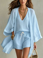 Women's Linen Three-Piece Set with Kimono Cardigan & Shorts | Vivian