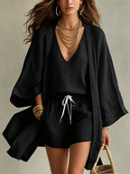 Women's Linen Three-Piece Set with Kimono Cardigan & Shorts | Vivian