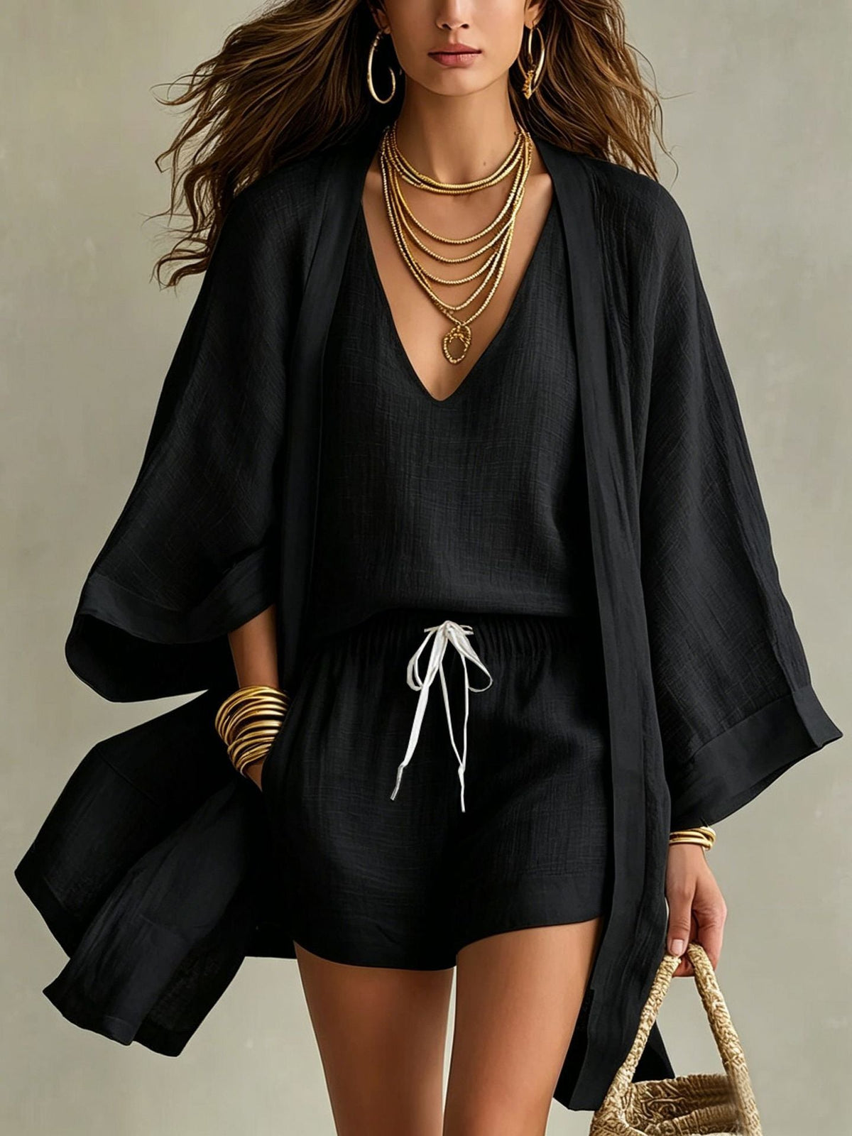 Women's Linen Three-Piece Set with Kimono Cardigan & Shorts | Vivian