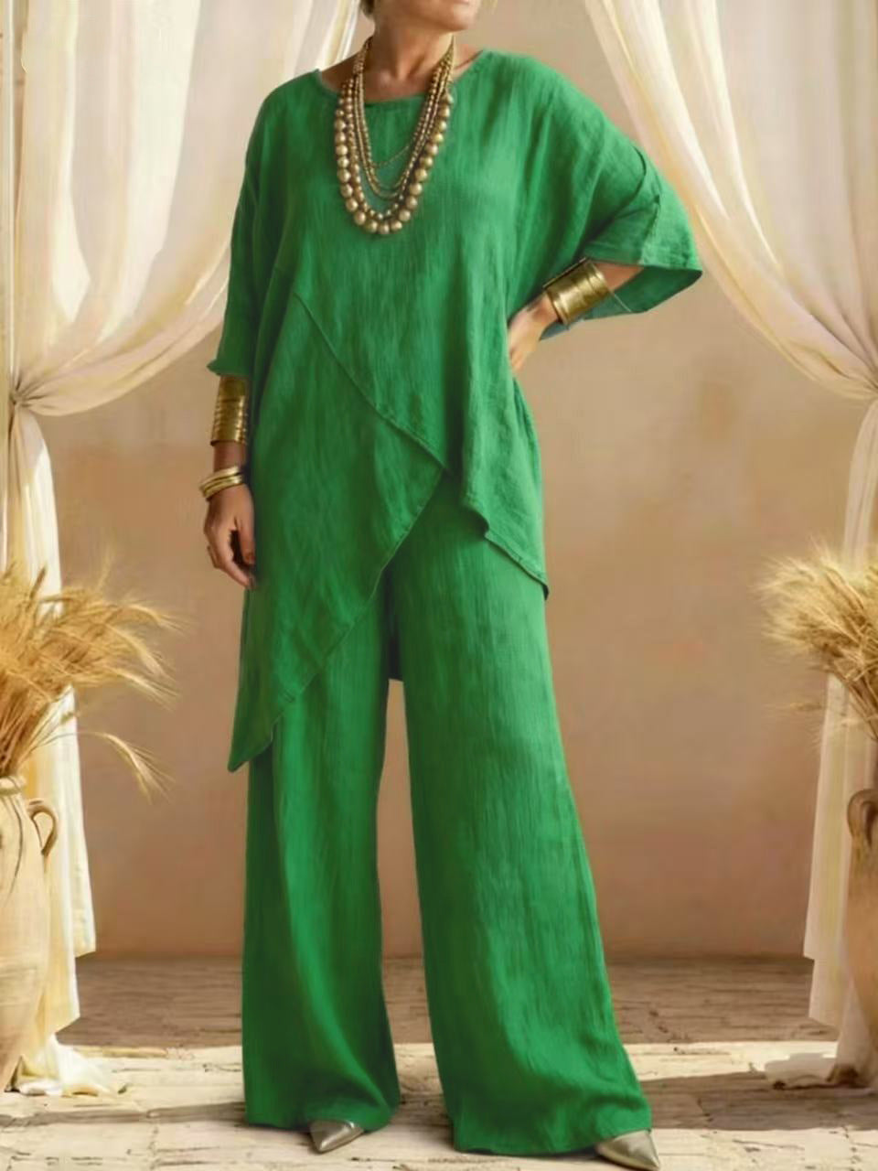 Women's Linen Two-Piece Set - Oversized Tunic & Wide Leg Pants | Victoria