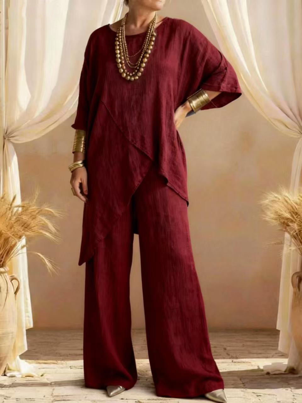 Women's Linen Two-Piece Set - Oversized Tunic & Wide Leg Pants | Victoria