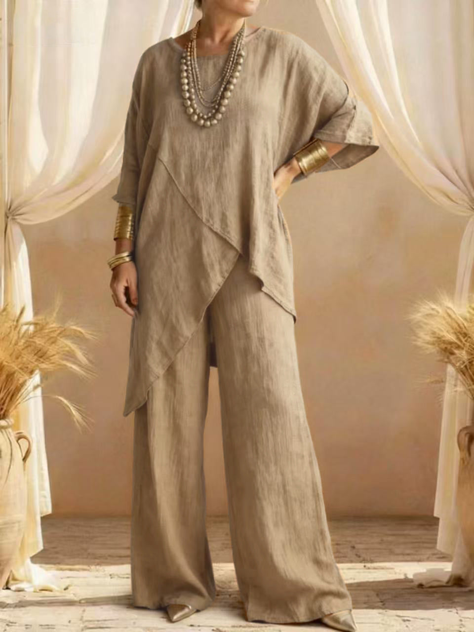 Women's Linen Two-Piece Set - Oversized Tunic & Wide Leg Pants | Victoria