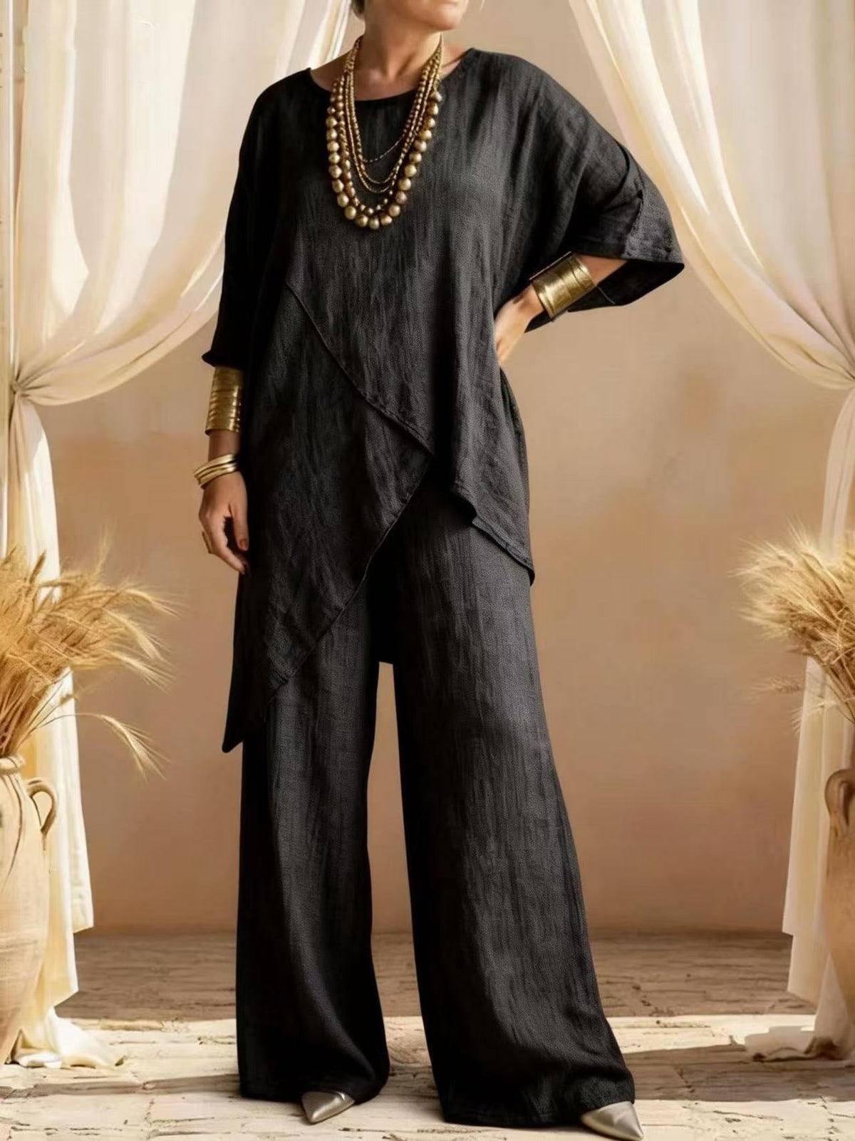 Women's Linen Two-Piece Set - Oversized Tunic & Wide Leg Pants | Victoria