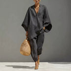 Women's Linen Two-Piece Set, Batwing Top & Tapered Trousers | Brooklyn