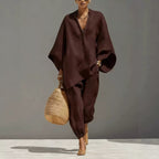 Women's Linen Two-Piece Set, Batwing Top & Tapered Trousers | Brooklyn