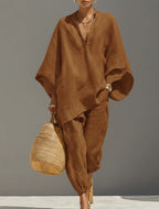 Women's Linen Two-Piece Set, Batwing Top & Tapered Trousers | Brooklyn