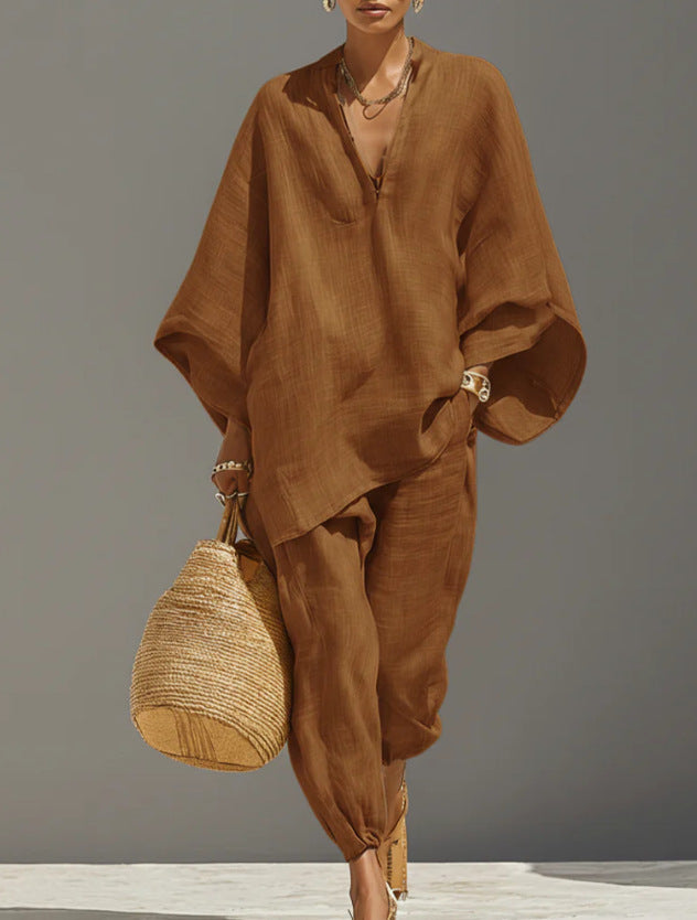 Women's Linen Two-Piece Set, Batwing Top & Tapered Trousers | Brooklyn