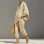 Women's Linen Two-Piece Set, Batwing Top & Tapered Trousers | Brooklyn
