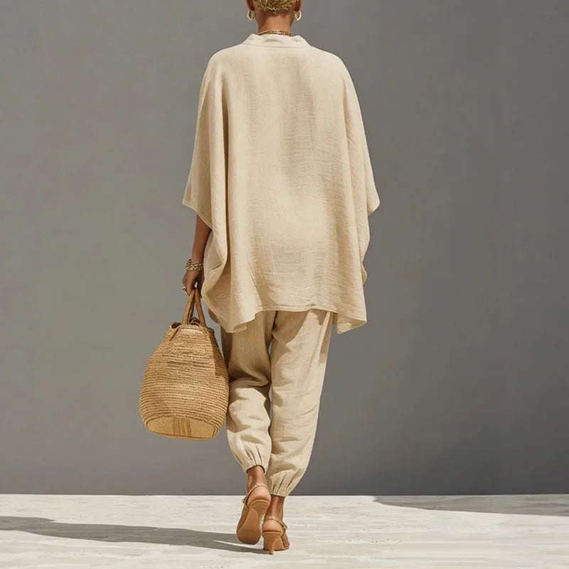 Women's Linen Two-Piece Set, Batwing Top & Tapered Trousers | Brooklyn