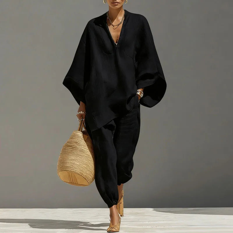 Women's Linen Two-Piece Set, Batwing Top & Tapered Trousers | Brooklyn