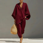 Women's Linen Two-Piece Set, Batwing Top & Tapered Trousers | Brooklyn
