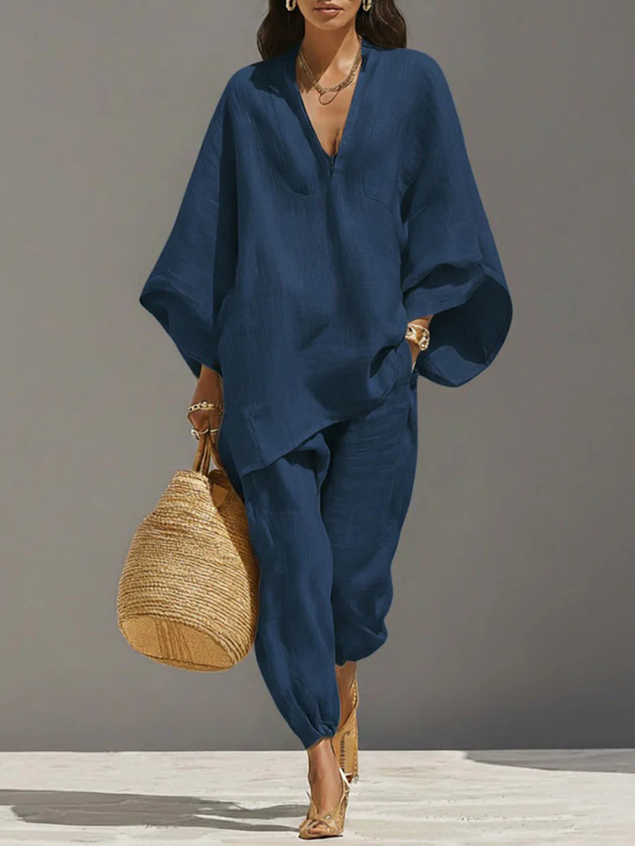 Women's Linen Two-Piece Set, Batwing Top & Tapered Trousers | Brooklyn