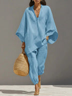 Women's Linen Two-Piece Set, Batwing Top & Tapered Trousers | Brooklyn