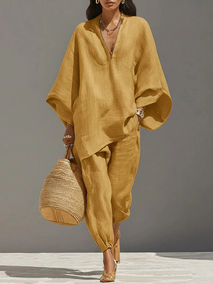 Women's Linen Two-Piece Set, Batwing Top & Tapered Trousers | Brooklyn