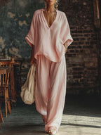 Women's Linen Two Piece Set V-Neck Top Wide Leg Pants | Alice
