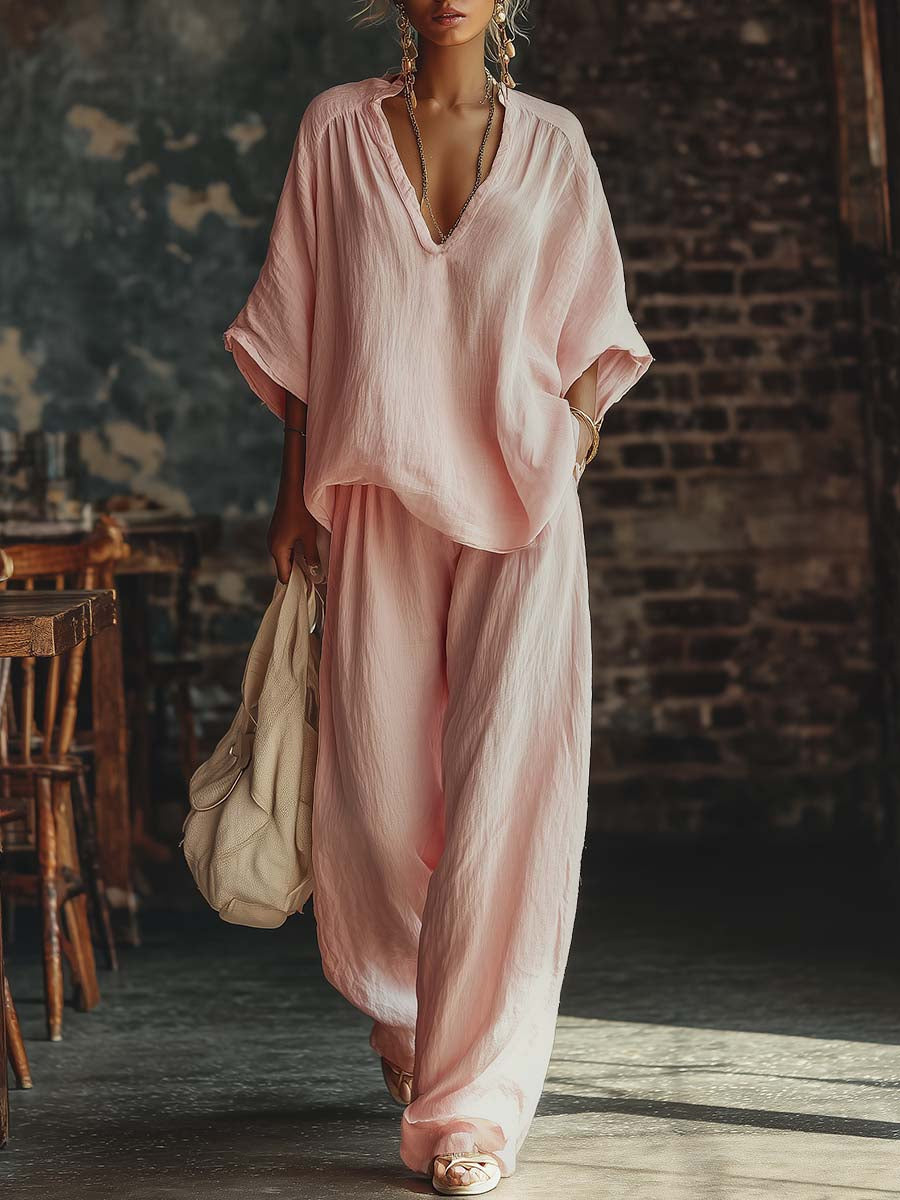 Women's Linen Two Piece Set V-Neck Top Wide Leg Pants | Alice