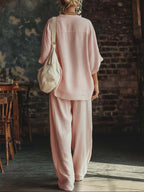 Women's Linen Two Piece Set V-Neck Top Wide Leg Pants | Alice