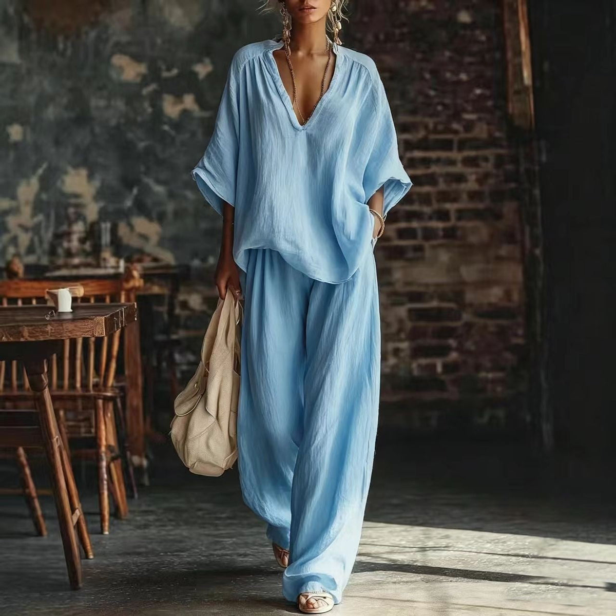 Women's Linen Two Piece Set V-Neck Top Wide Leg Pants | Alice