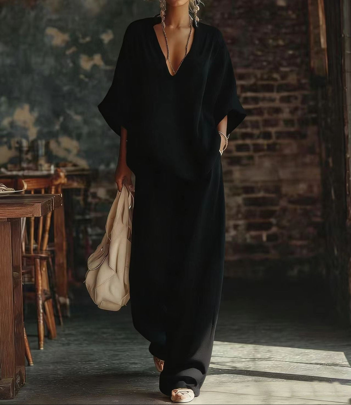 Women's Linen Two Piece Set V-Neck Top Wide Leg Pants | Alice