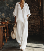 Women's Linen Two Piece Set V-Neck Top Wide Leg Pants | Alice