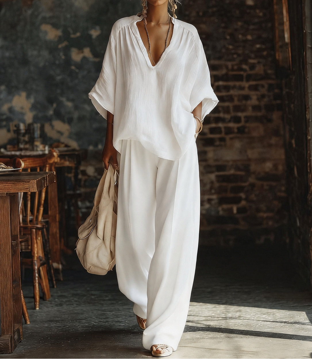 Women's Linen Two Piece Set V-Neck Top Wide Leg Pants | Alice