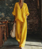 Women's Linen Two Piece Set V-Neck Top Wide Leg Pants | Alice