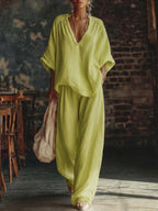 Women's Linen Two Piece Set V-Neck Top Wide Leg Pants | Alice