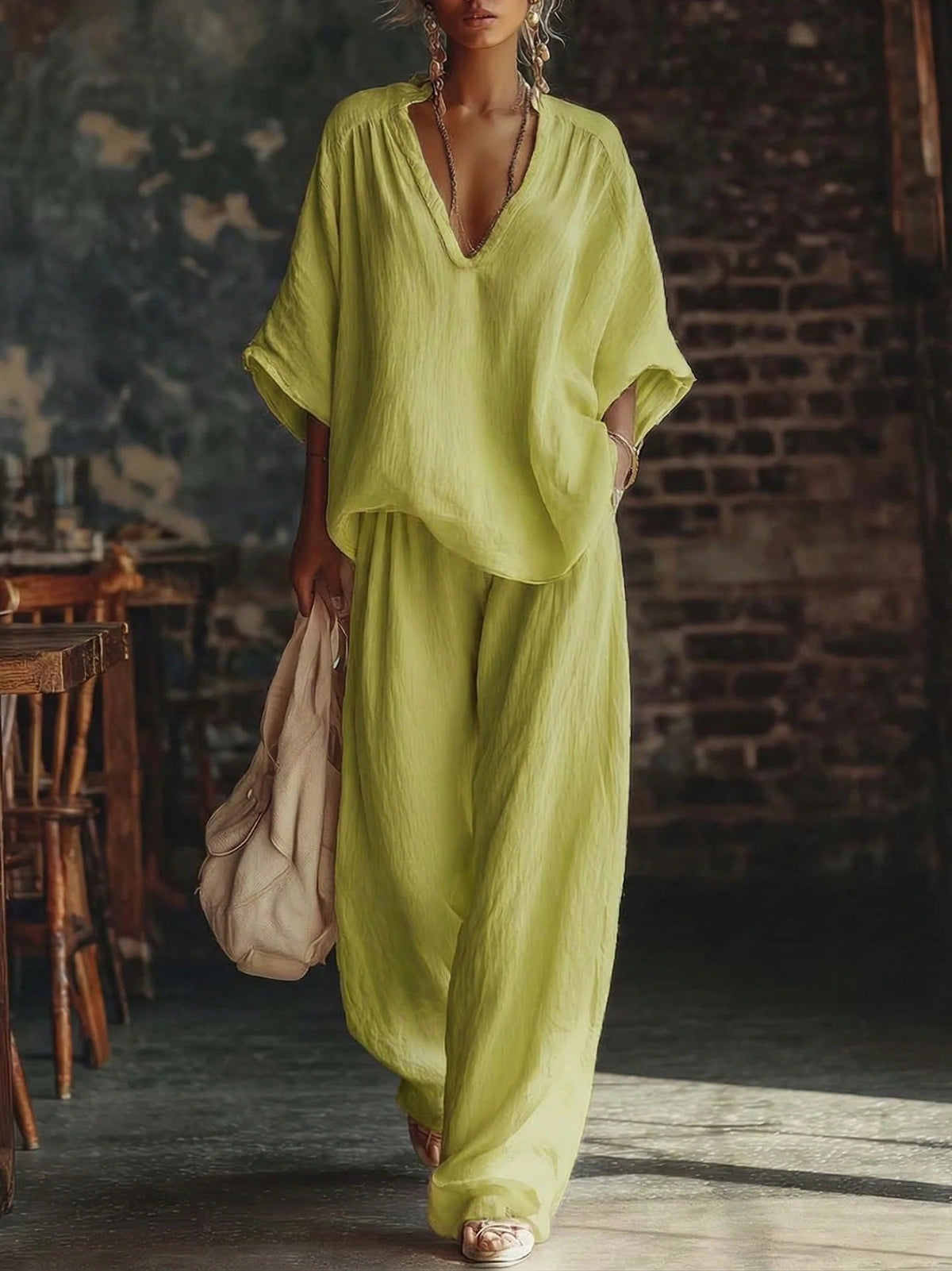 Women's Linen Two Piece Set V-Neck Top Wide Leg Pants | Alice