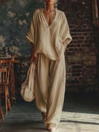 Women's Linen Two Piece Set V-Neck Top Wide Leg Pants | Alice
