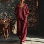 Women's Linen Two Piece Set V-Neck Top Wide Leg Pants | Alice